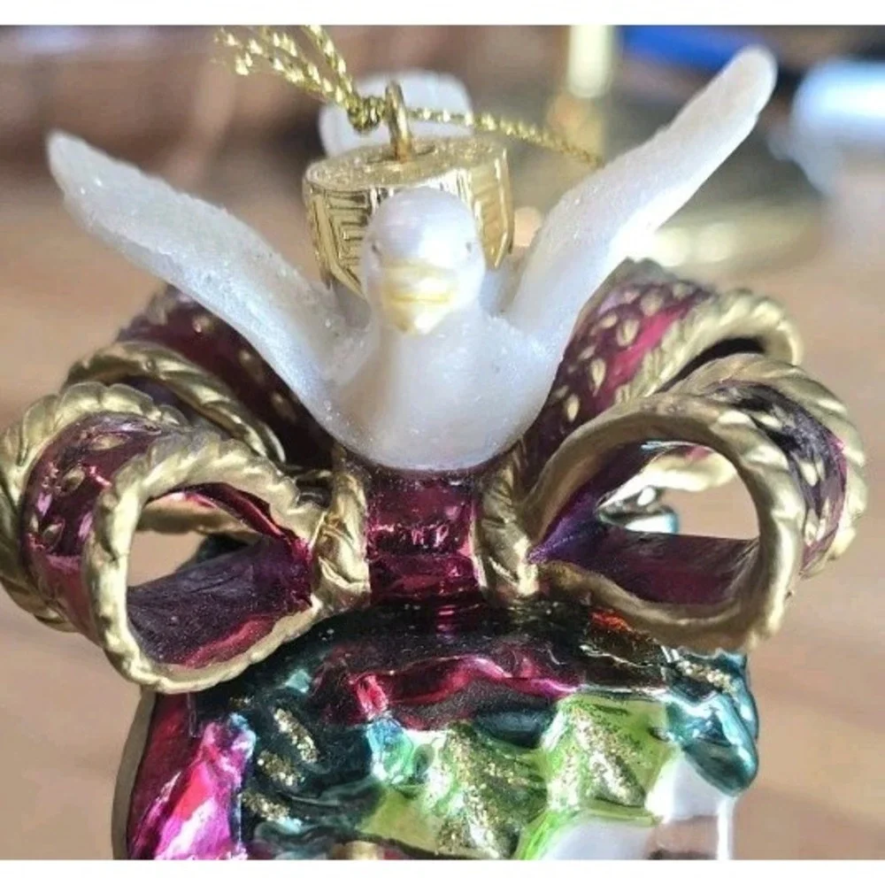 NIB Fitz & Floyd Gift Box Dove Glass Christmas Ornament Bow Cottagecore VTG INSP